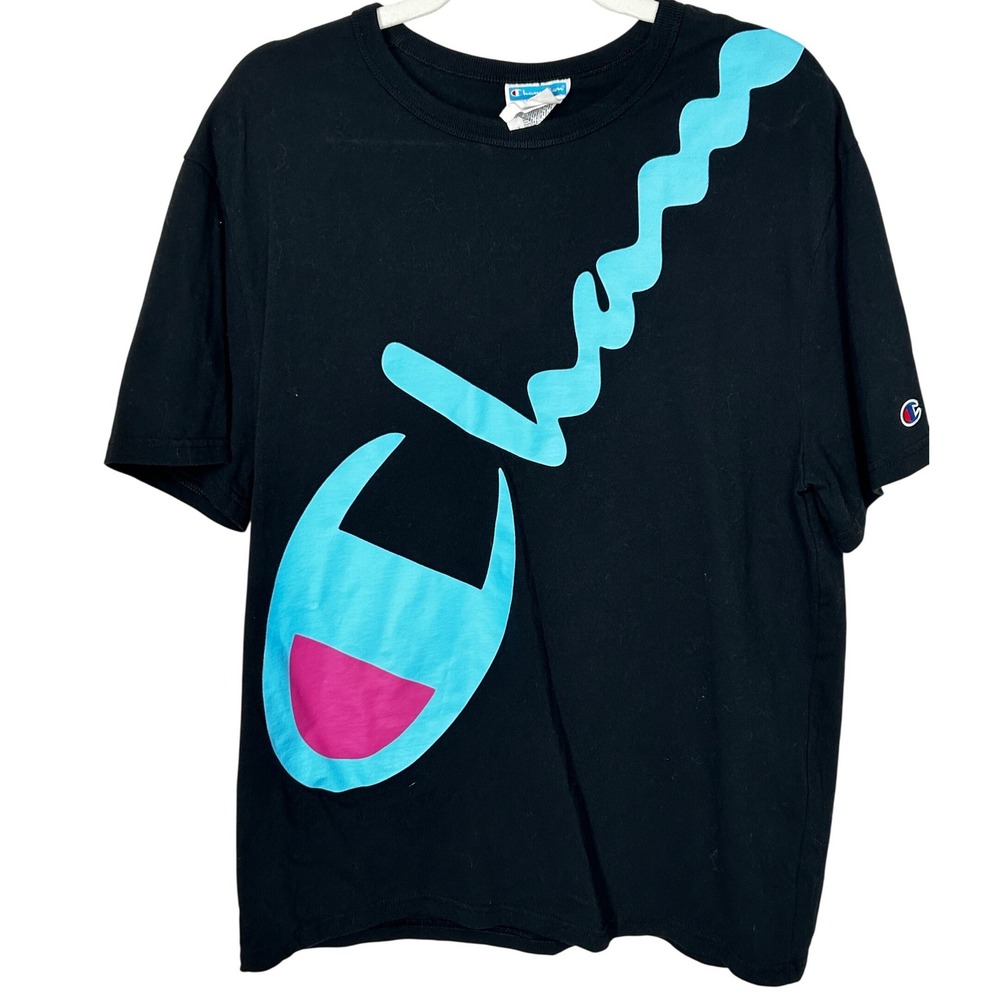 Champion Black‎ T-Shirt Large Wrap Around Blue and Pink Logo Adult Size Large